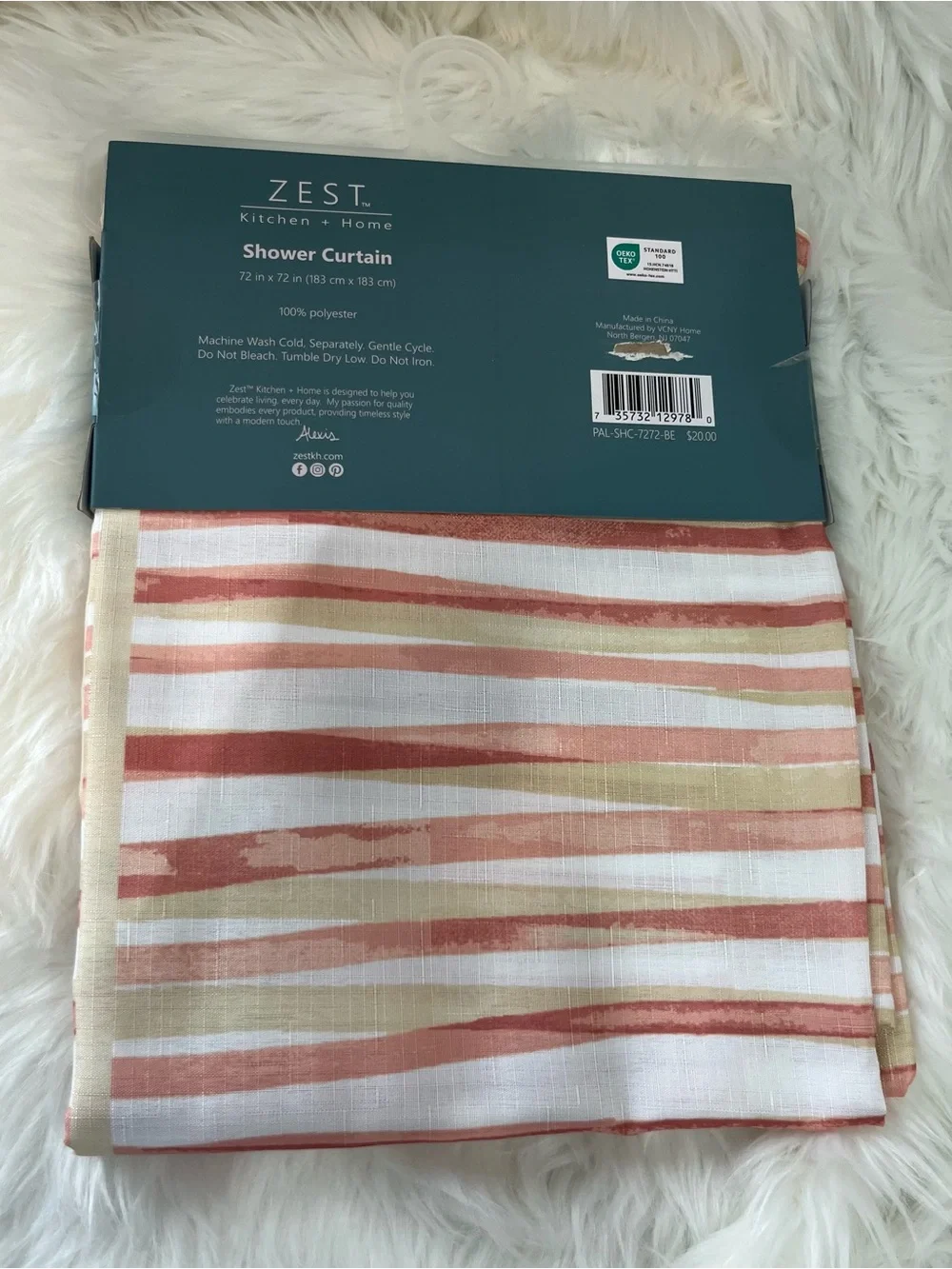 ZEST Kitchen + Home Striped Shower Curtain 72x72 Coral Beige White
